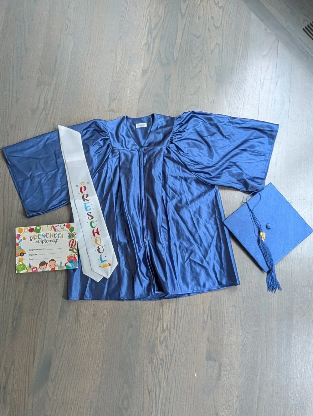 Preschool Graduation Gown & Cap Set with Preschool Sash, Blue, Size 27, Small